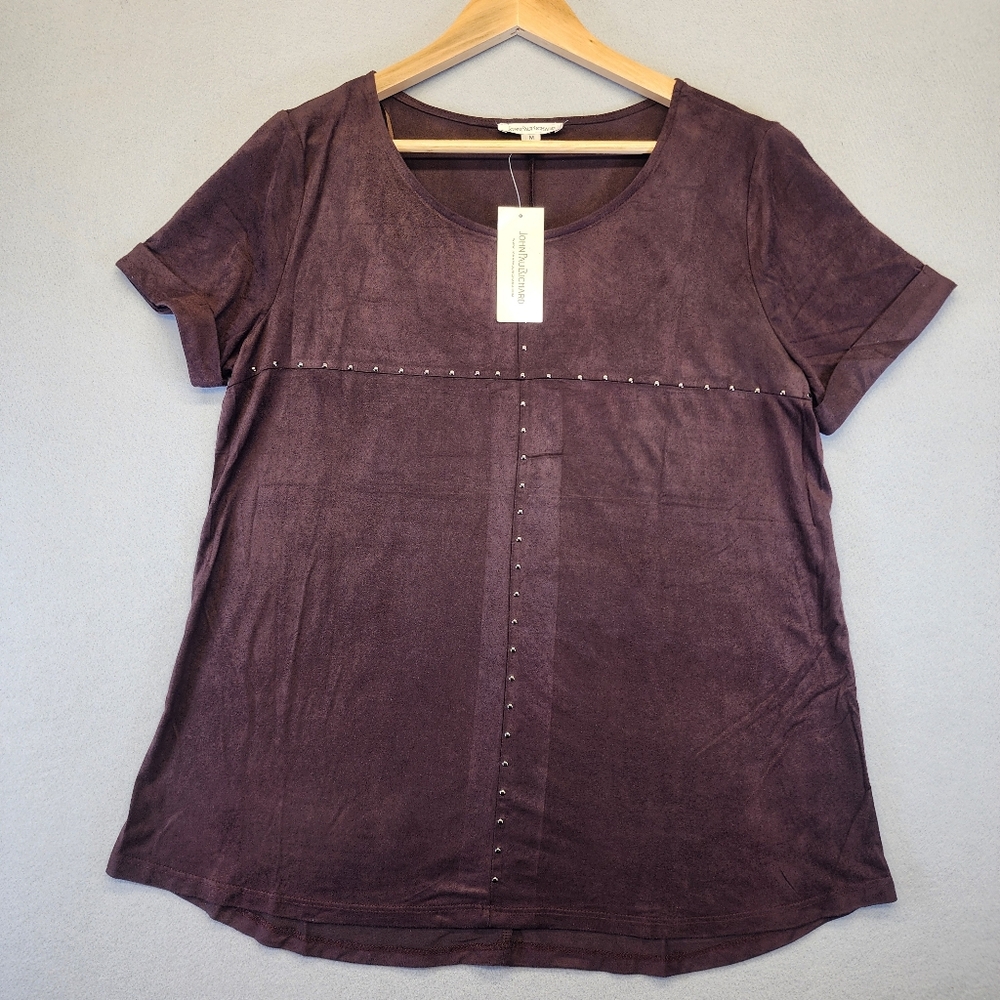NWT John Paul Richard Brown Faux Suede Studded Top M Cuffed Sleeve Scoop Neck